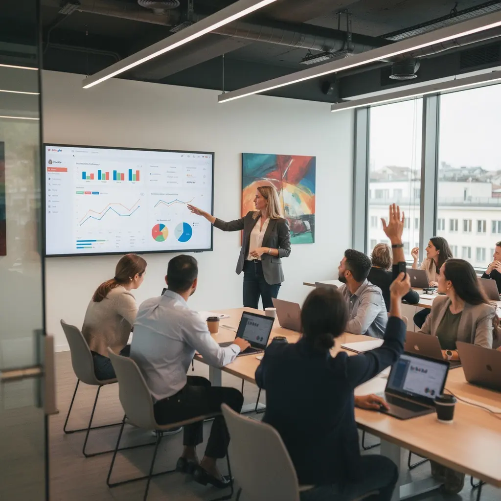 Eine Gruppe von Menschen in einem Seminarraum, die an einem Online-Shop-Kurs teilnehmen.