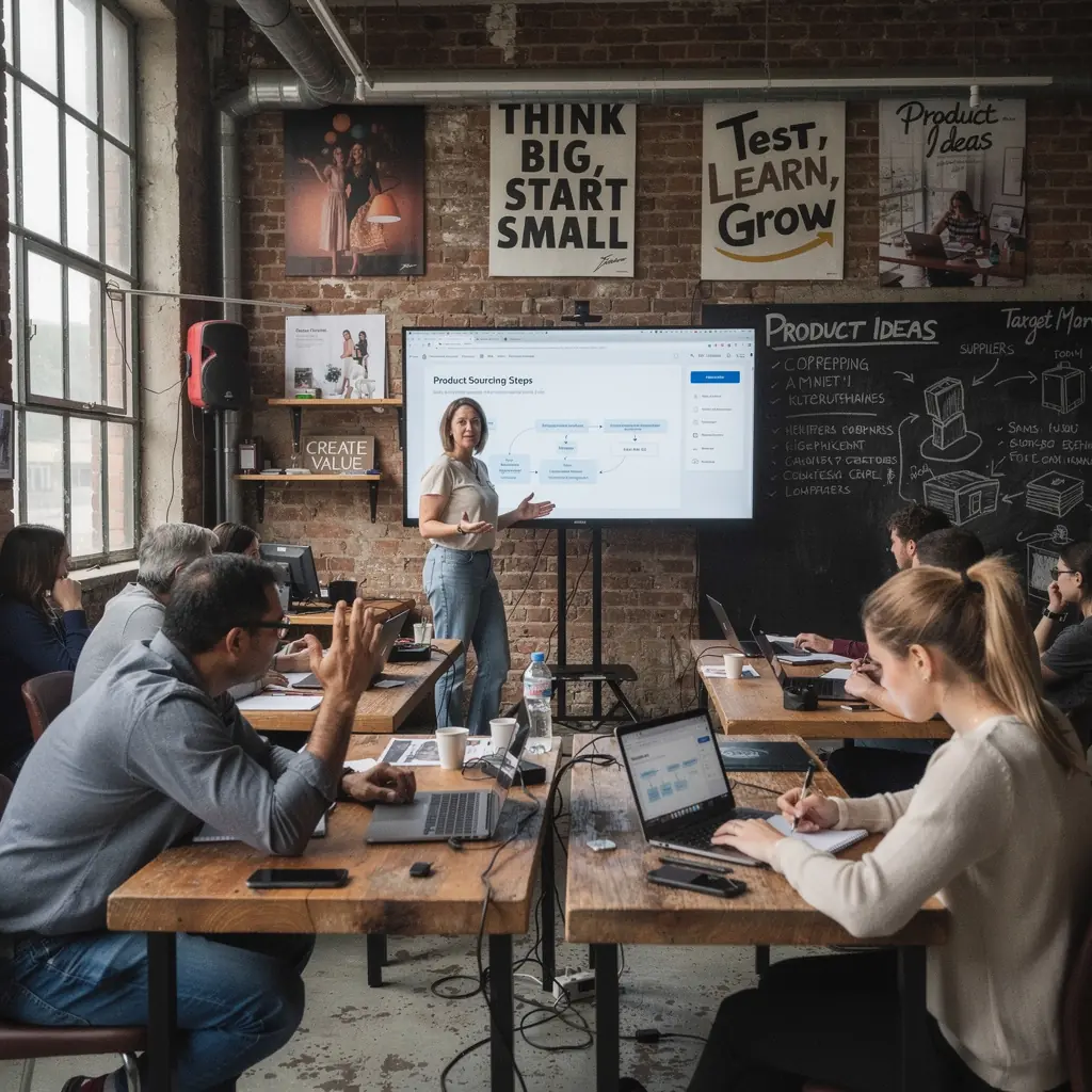 Eine Gruppe von Menschen in einem Seminarraum, die an einem Online-Shop-Kurs teilnehmen.