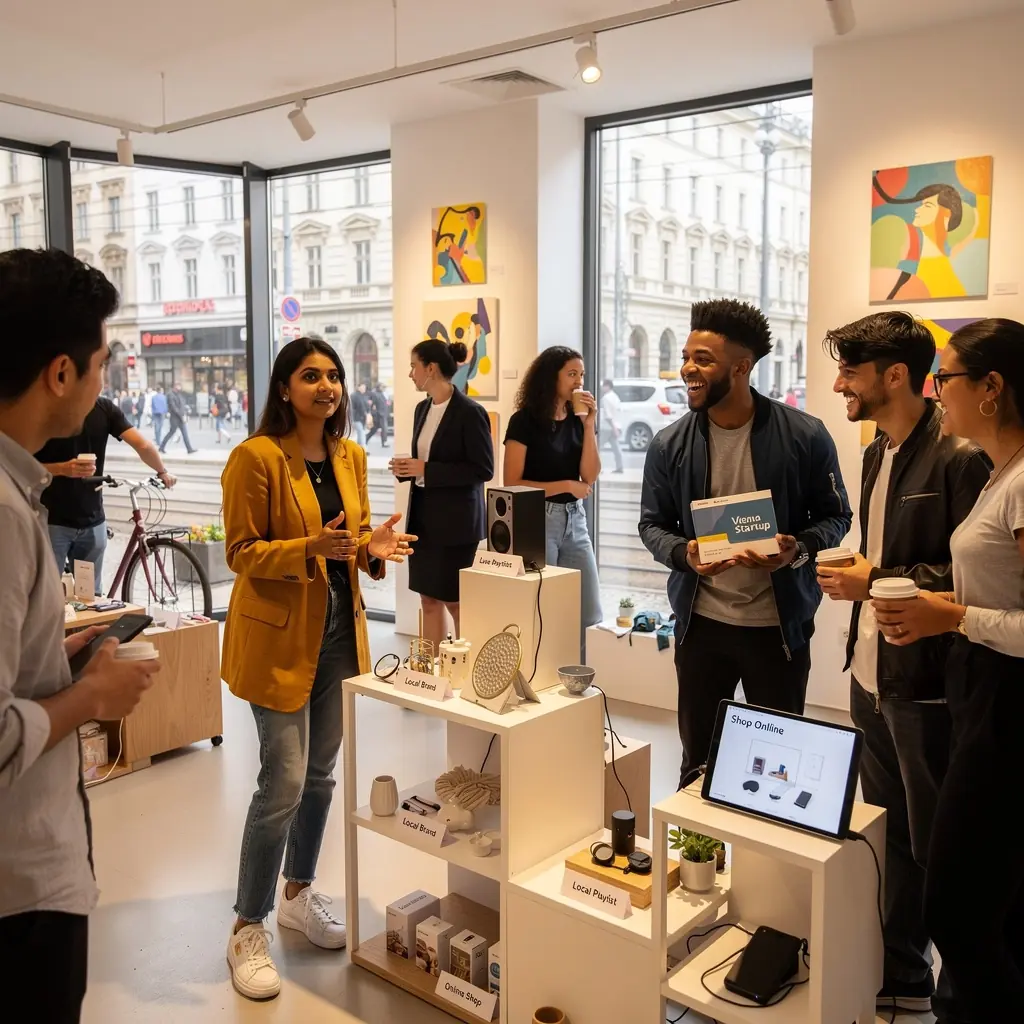 Eine Gruppe von Menschen in einem Seminarraum, die an einem Online-Shop-Kurs teilnehmen.