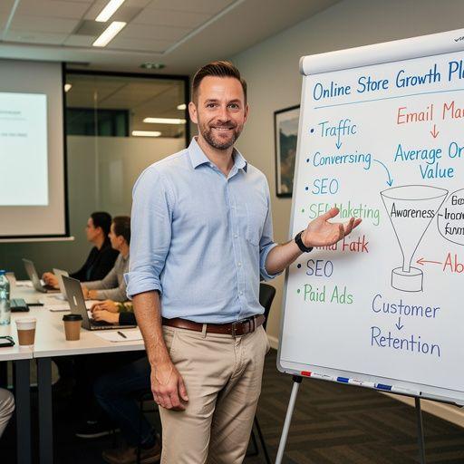 Ein E-Commerce-Coach, der in einem Webinar Tipps zur Optimierung von Shopify-Shops gibt.